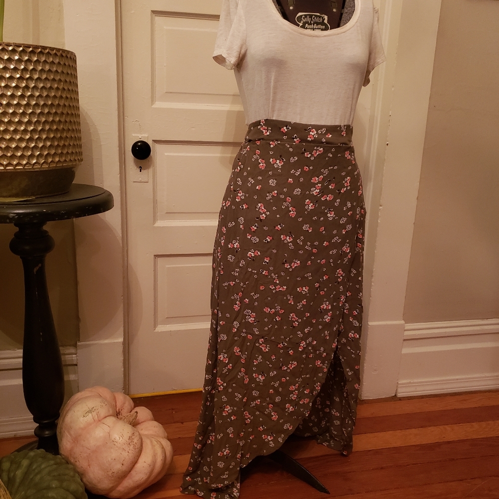 Green Slit Express Floral Maxi Skirt